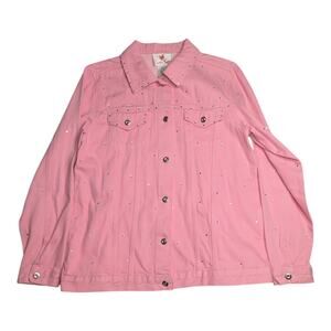 Vtg Y2K Quacker Factory Pink Rhinestone Embellished Cotton Denim Jacket S